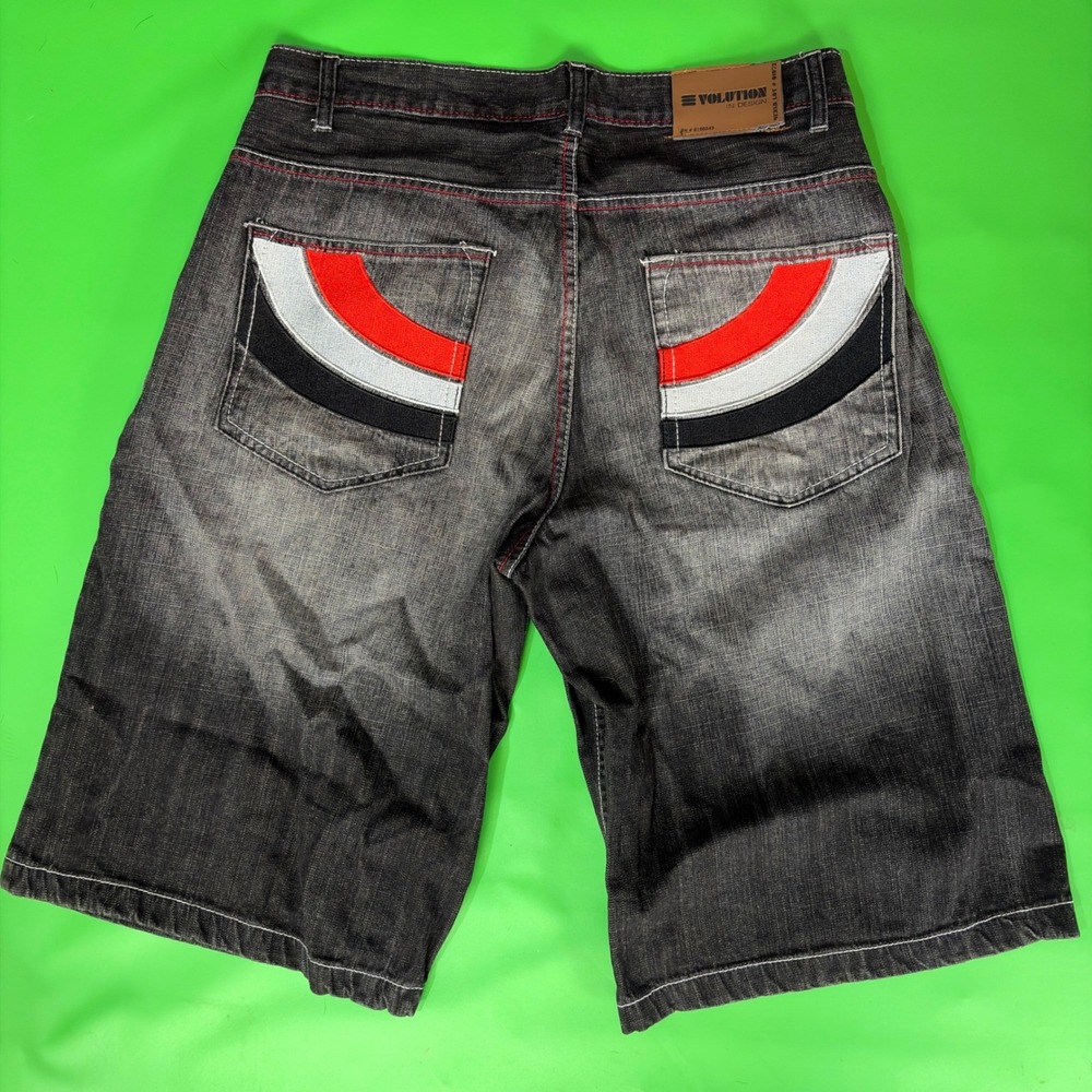 Vintage Evolution Denim Shorts Mens 36 Black Y2K Baggy Embroidered Baggy Jorts